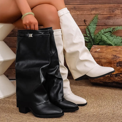 Bottes Femme Hautes Plissées en Similicuir – Semelle Épaisse Antidérapante pour l’Hiver