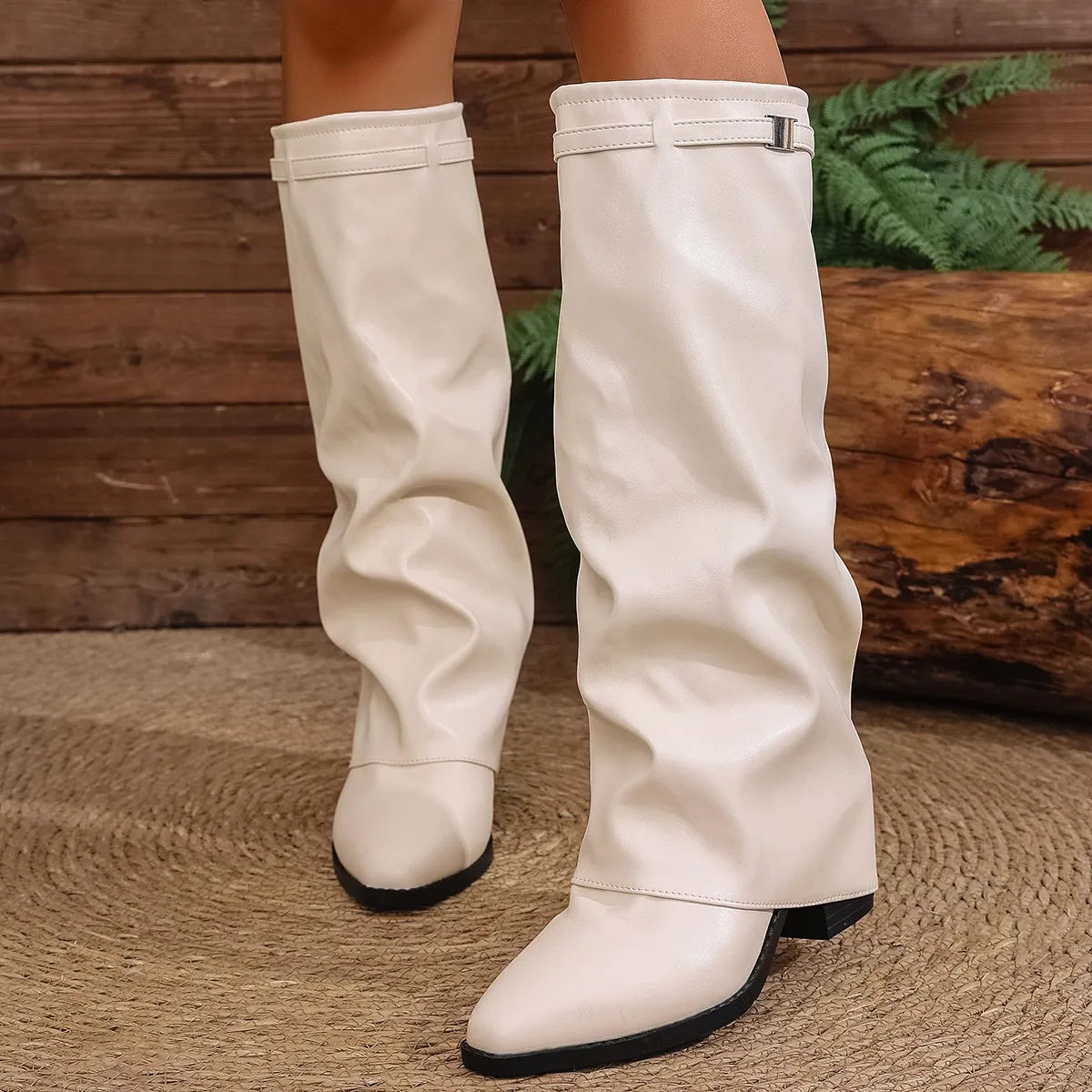Bottes Femme Hautes Plissées en Similicuir – Semelle Épaisse Antidérapante pour l’Hiver