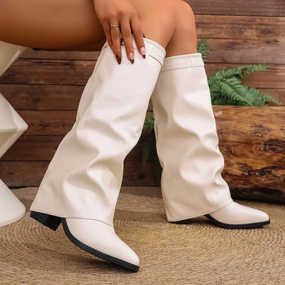 Bottes Femme Hautes Plissées en Similicuir – Semelle Épaisse Antidérapante pour l’Hiver