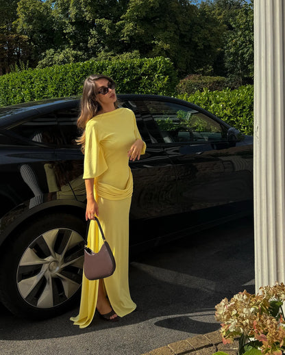 Robe Longue Jaune Élégante Dos Nu – Coupe Froncée et Féminine pour Soirées & Événements